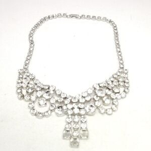 Vintage Rhinestone Collar Cluster Necklace, Silver Tone Formal Fancy Design